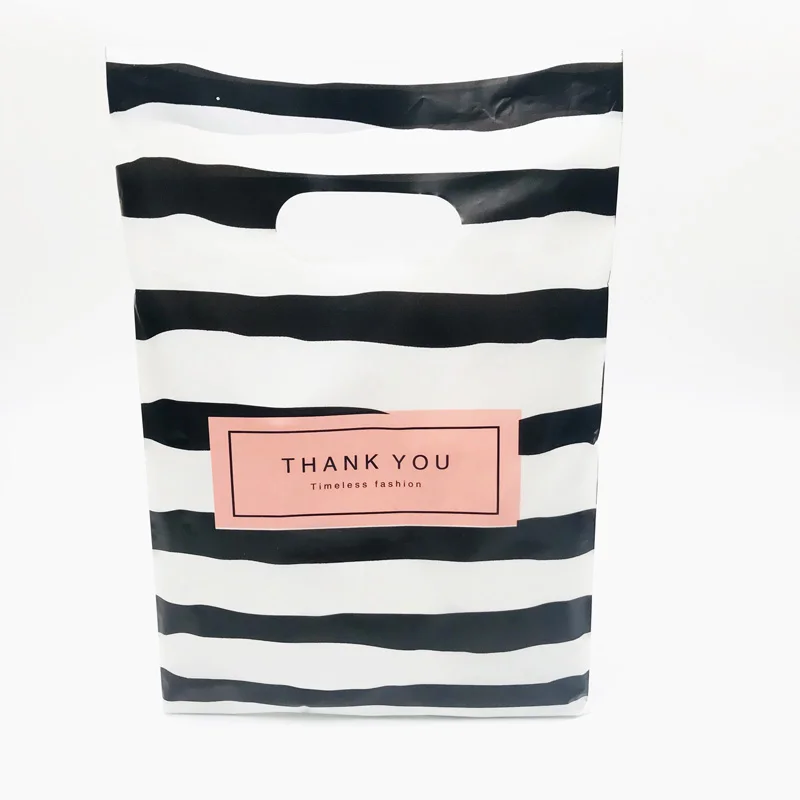 Pink Black Thank You 20x30cm Black White Stripes Plastic Handles Bag Plastic Boutique Jewelry Gift Bags With Handle 50pcs