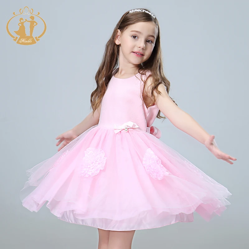 

Nimble girls dress handmade bow with pearl big flower dress for girls woollen satin wedding evening perform party dress vestido
