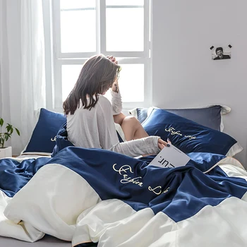 

AB Side Satin Embroidery Cotton Duvet Cover Flat Fitted Bed Sheet Pillowcase Home Bedding Set Blue Pink Solid Twin Queen King