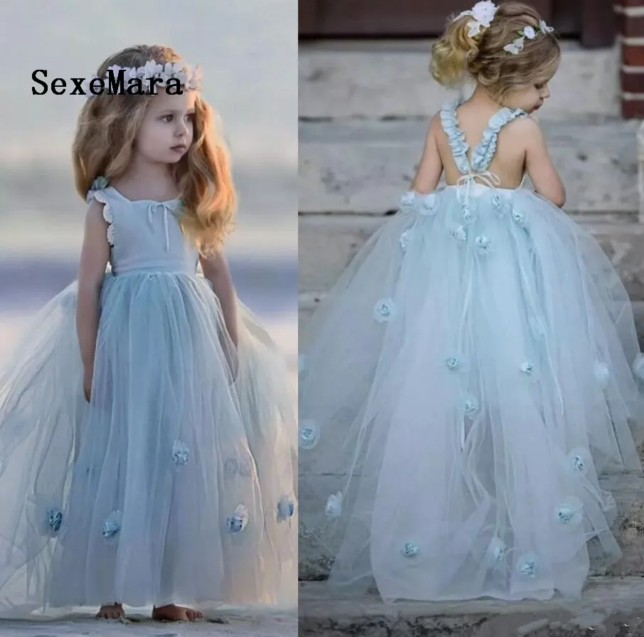 

New Sky Blue Flowers Girls Dresses For Weddings Sleeveless Lace 3D Flowers Tulle Floor Length Tiered Girls Birthday Gowns