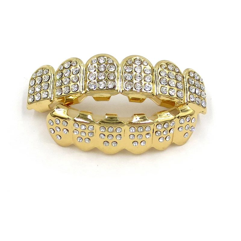 

Hip Hop Custom Fit Gold Color Teeth Four Hollow Open Face Gold Mouth Caps Top & Bottom Grill Set Party Gift #232055