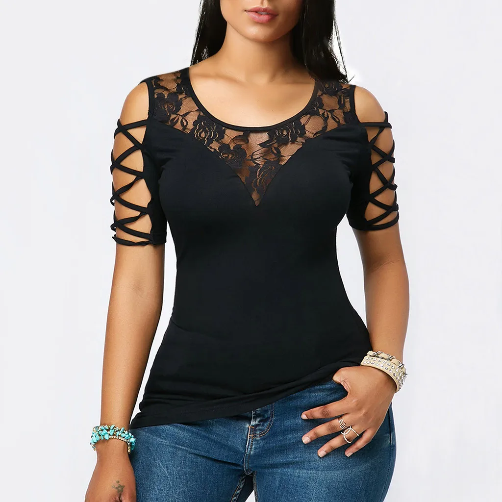 

Fashsiualy Plus Size Women Tunic Shirt Sexy Solid O-Neck Lace Blouse Stitching Short Sleeve Hollow Out Blouse camisa feminina