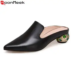 MoonMeek/2019 г. модная летняя новая женская обувь с острым носком, туфли без задника со стразами на среднем каблуке, повседневная женская обувь