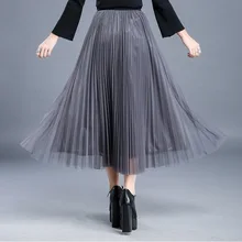 1607 Summer Tulle Skirts Womens Midi Pleated Skirt A Line Elegant Grey Black White Tulle Skirt Adult Swing Skirts Ladies Casual