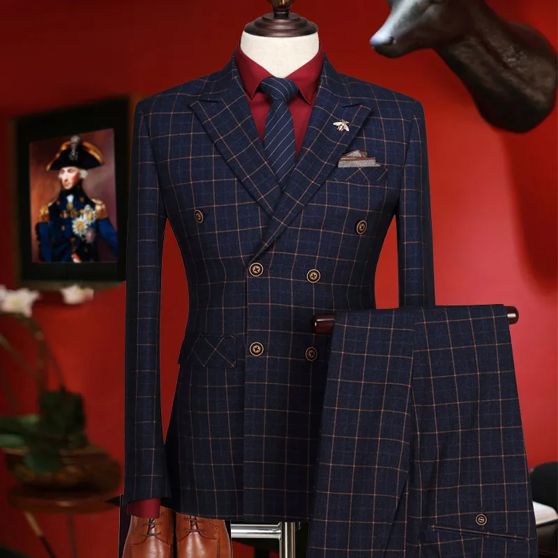 

wedding suits for men 2018 new year gifts winter deep blue plaid double breasted stage clothes men formal mens suits with pants