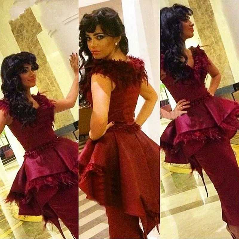 

Free Shipping Middle East Ankle Length Prom Dresses Sheath Feather Wine Red V Neck Evening Dresses 2015 New