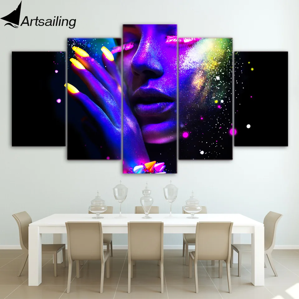 

Artsailing 5 Canvas Make-up Picture Sexy Woman Color Purple Makeup Canvas Decorative Paintings Phosphor on Face HD Sexy Beauty