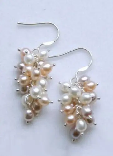 

Hot sale new Style >>>> Genuine Multi-Colored Pink White Pearl Grape 925 Sterling Silver Earrings