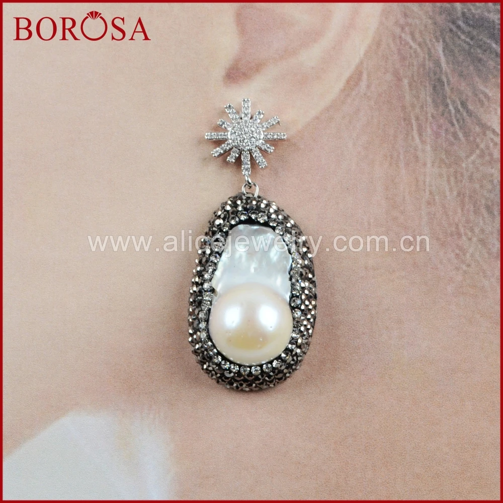 BOROSA ручной природных Серьги с жемчугом CZ микро проложить и Кристалл Rhinestone Freeform