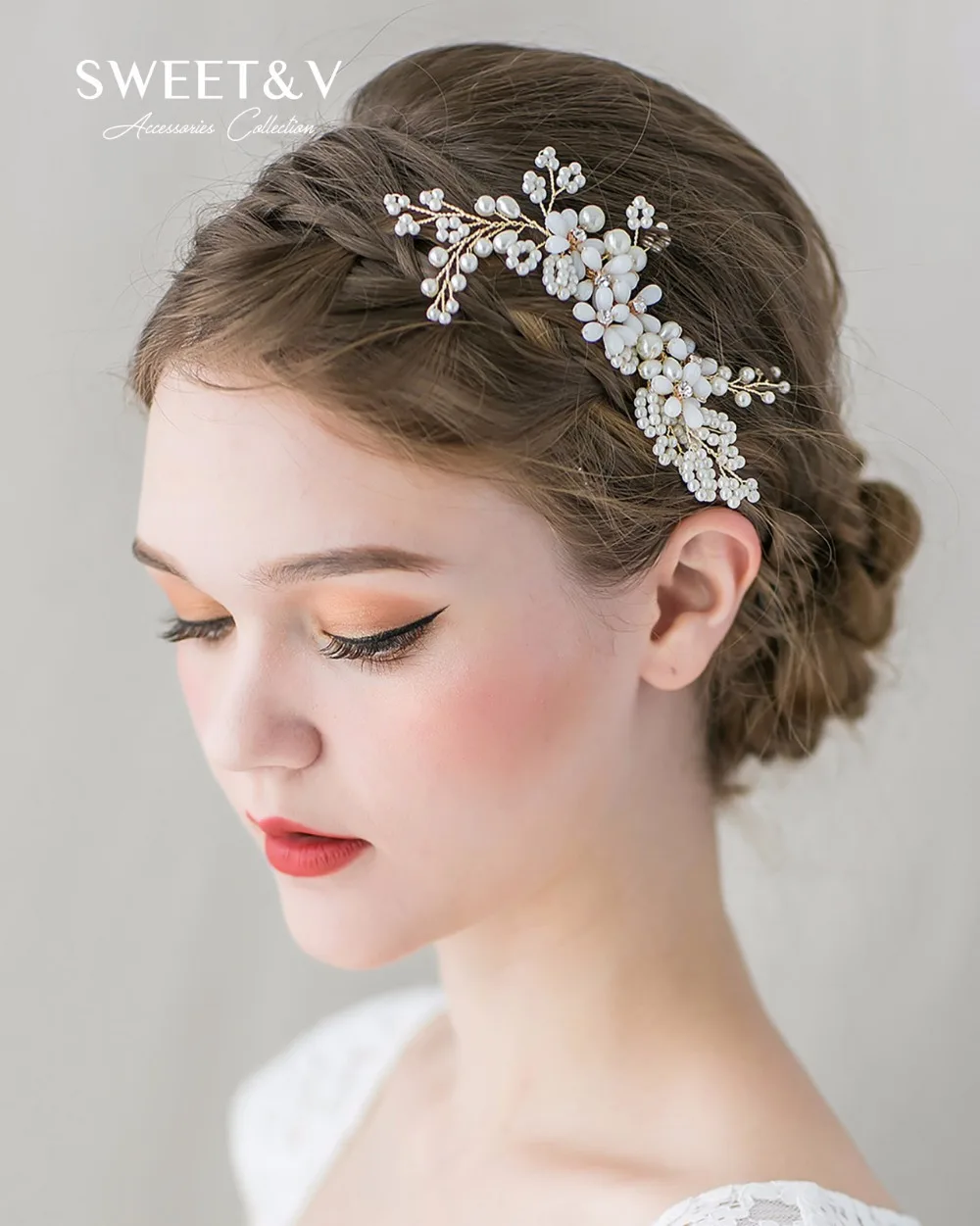 Light Gold Bridal Hair Comb Clip Pins Beaded Pearl Combs Handmade Women