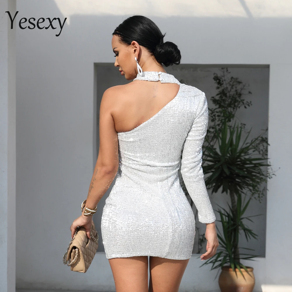 Yesexy Sexy One Shoulder Elastic Sequin Dresses Female Elegant Mini Party Bodycon Dress VR8889