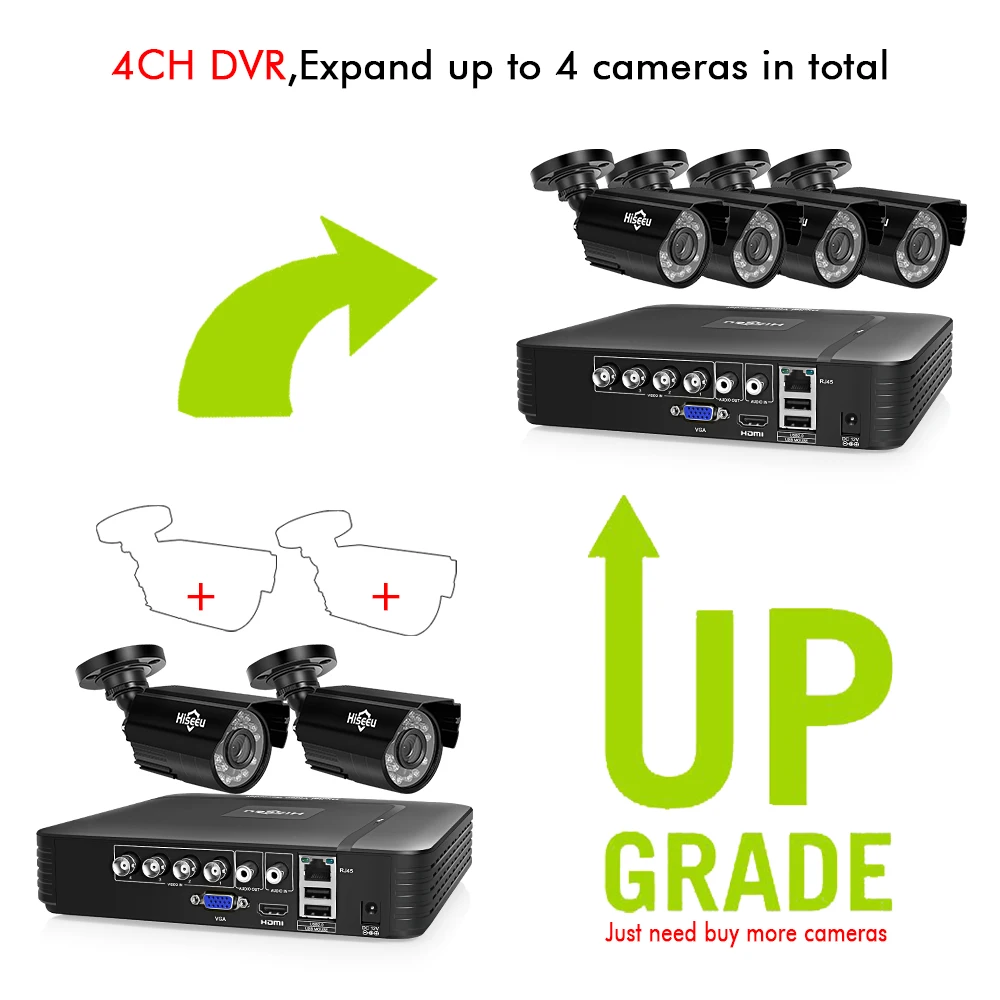  Hiseeu HD 4CH 1080N 5in1 AHD DVR Kit CCTV System 2pcs 720P/1080P AHD waterproof/bullet Camera 2MP P - 32826114777