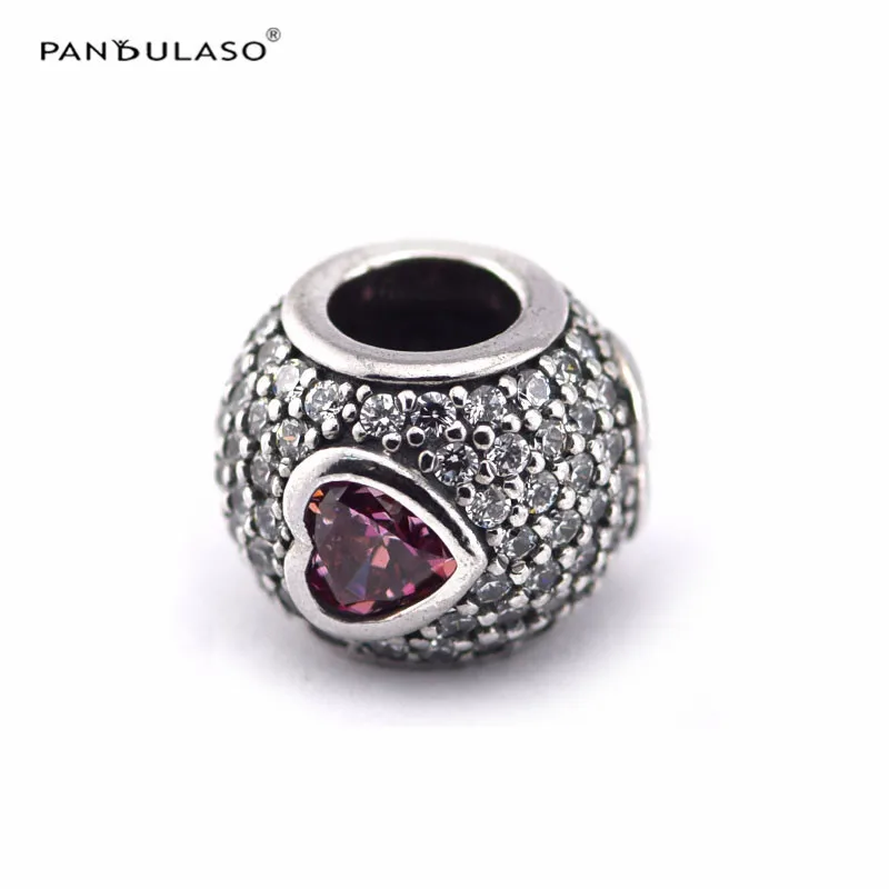 

Fits Original Silver Charm Bracelet 925 Sterling Silver beads Pink heart-Shaped with CZ Stones fancy Valentine's day gift