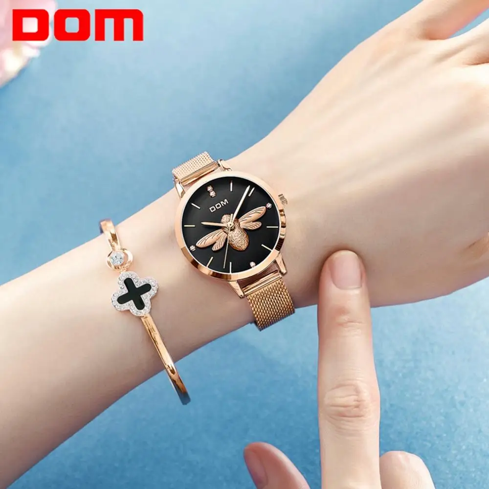 

DOM Brand Watch Quartz Ladies Gold Fashion Wrist Watches 3D Bee Stainless Steel Women Wristwatch Girls Female Clock G-1265G-7M