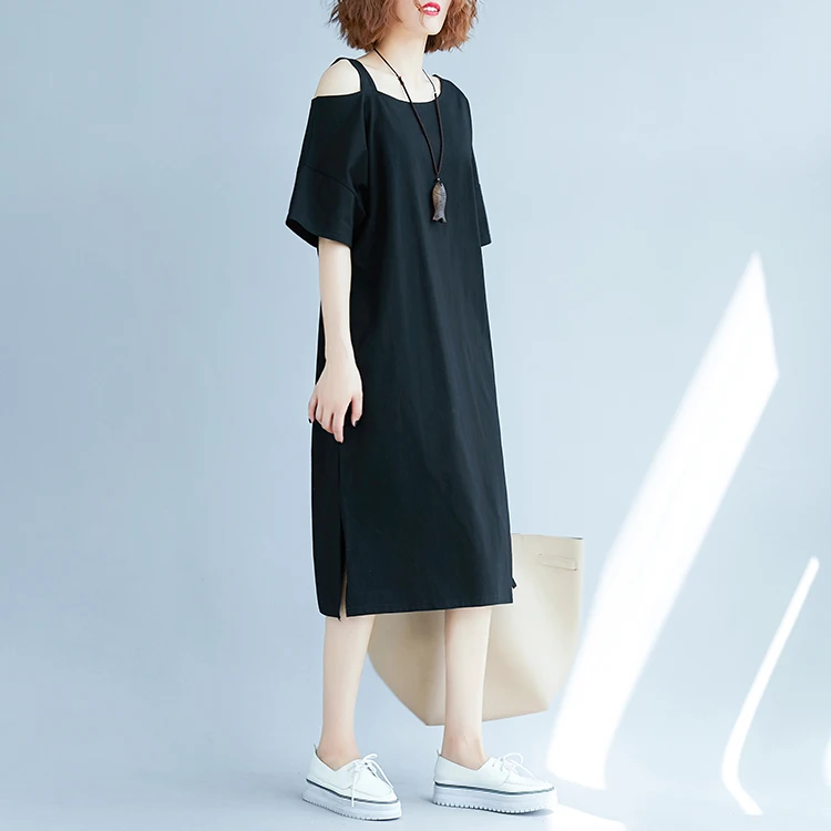 ZSIIBO Feamle Платье большого размера Женская одежда XL-3XL с открытыми плечами свободная длинная богемная элегантная винтажная Повязка Черный WGTQ87