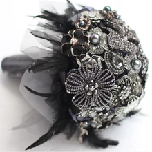 8-inch custom bridal bouquet,Gothic style black feather brooch bouquet, black and white wedding bouquet gem
