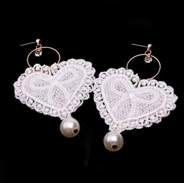 

Party gift Sexy Embroidery Lace Fabric Flower Peach Heart shape Imitation Pearl Pendant Long Tassel Earrings