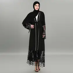 Турецкий платья для женщин черный кардиган Дубай кружево кисточки абаи кимоно мусульманские Длинные платья плюс размеры Макси верхняя