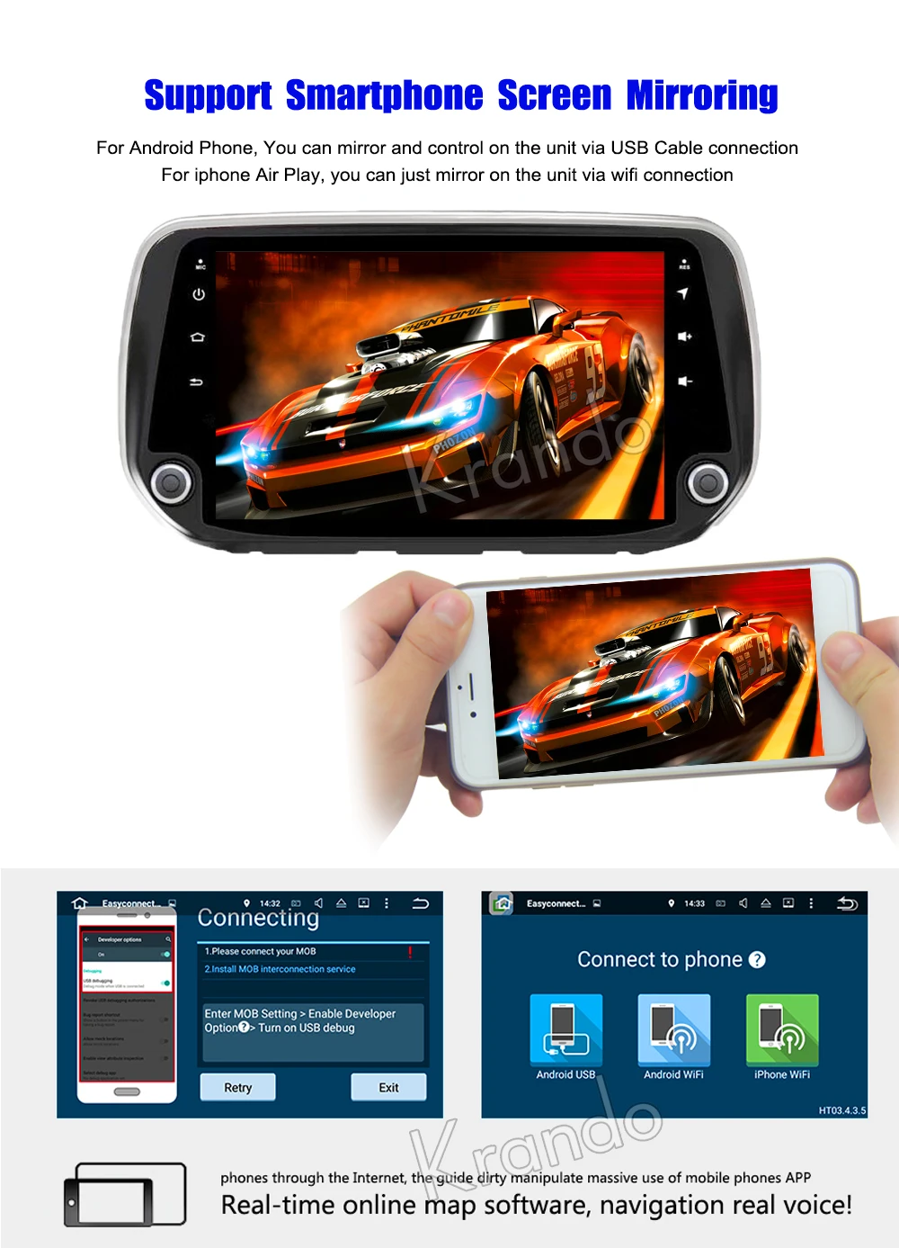Krando Android car radio gps navigation multimedia system for hundai santa fe tucson 2018 2019