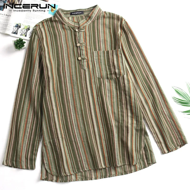 

Autumn INCERUN 5XL Men Dress Shirts Cotton Loose Casual Long Sleeve Henley Shirts Button Stripe Male Plus Size Masculina Chemise
