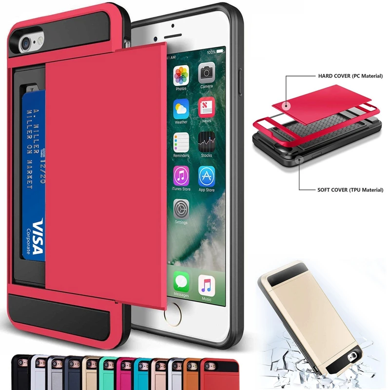 

Luxury 2 in 1 Hybrid TPU + Plastic Card Pocket Wallet Shockproof Armor Case Cover For iPhone 4 4S 5 5S SE 5C 6 6S 7 8 Plus X