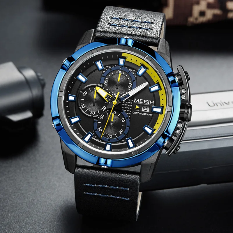 MEGIR творческие спортивные часы Для мужчин модный топ бренд Водонепроницаемый кожаный ремешок Кварцевые наручные часы мужской Relogio Masculino - Цвет: BlueBlack