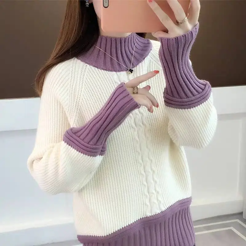 

2019 Autumn Winter Women Patchwork Turtleneck Knitted Pullover Sweater Female Twist Loose Jumper Knitwear Tops Pull Femme K181