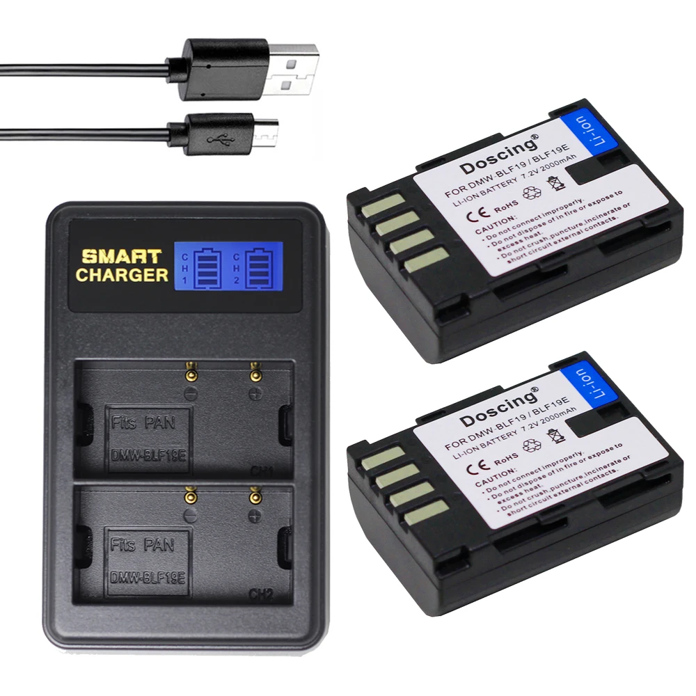 

Doscin 2P 2000mAh DMW-BLF19 DMW BLF19 BLF19E DMW-BLF19e Camera Battery+ LCD Dual USB Charger for Panasonic Lumix GH3 GH4 GH5 G9