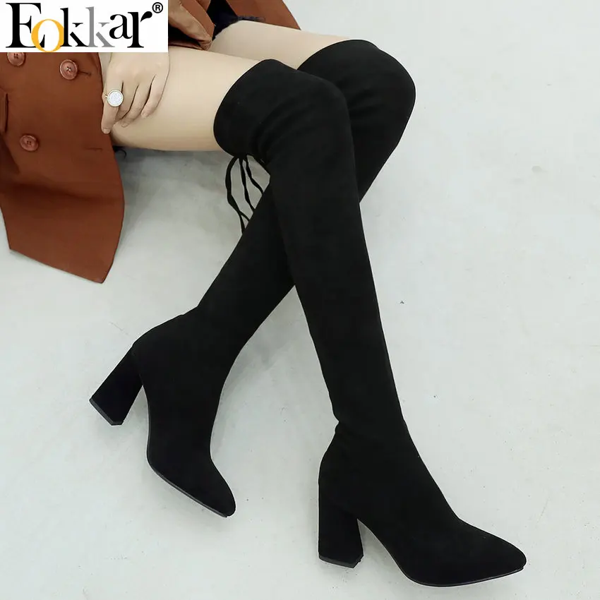 

Eokkar 2020 Women Over The Knee High Boots Pointed Toe Square High Heel All Match Winter Boots Sexy Ladies Boots Size 34-43