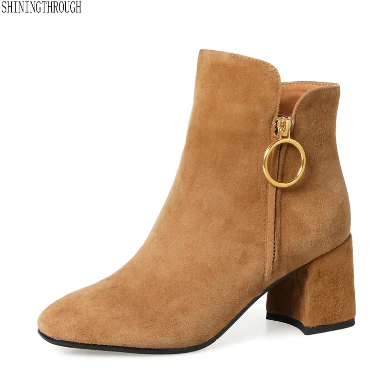 

New 6cm thick heel genuine leather short women boots fashion ankle boots martin boots black yellow