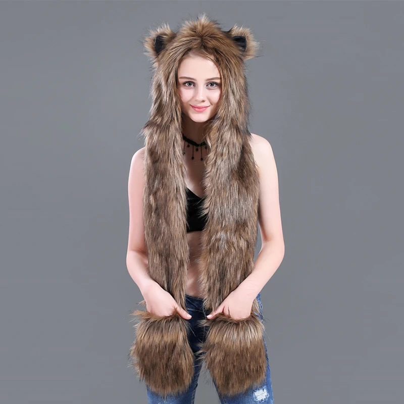

Brown 3 in 1 Cartoon Full Animal Faux Fur Hood Winter Warm Women Siamese Hoodie Gloves Pocket Earflap Hat Long Scarf Shawl Wraps