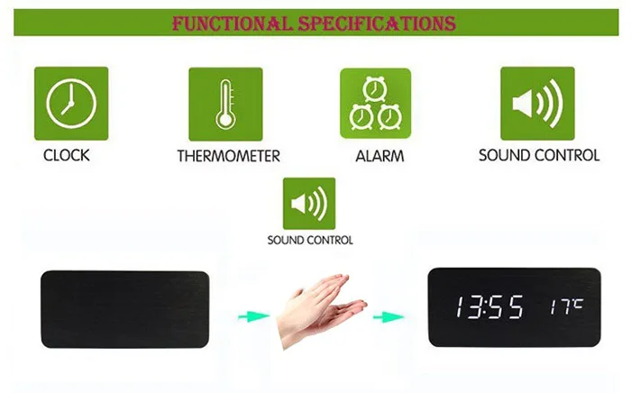 Цифровой светодиодный Будильник Despertador управление звуком USB/AAA дисплей температуры электронные настольные часы Дерево домашний декор