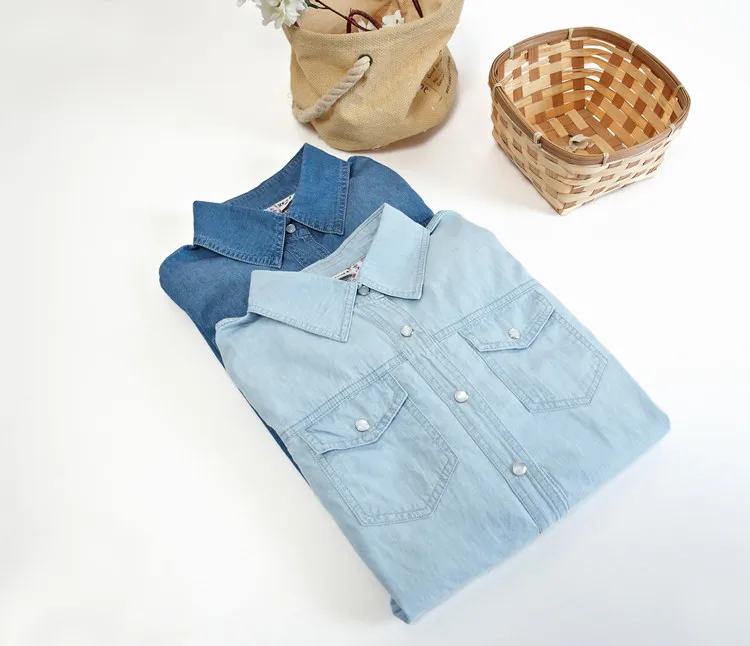 Джинсовые топы Новое поступление длинная рубашка джинсовая женская одежда и блузки небесно-голубого и голубого цвета джинсовые рубашки топ Femme