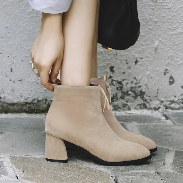 

Big Size 11 12 13 14 15 16 European and American style retro pointed thick heel tie side zipper velvet fashion Martin boots