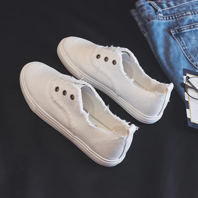 Najtaniej Damskie mokasyny biały zwięzły podstawowy styl stałe kolor slip on pani wiosna wulkanizowane buty płótno tkaniny trampki ładne jakości 35 40