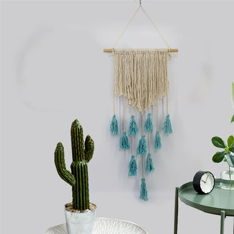 Newly Design Beige Cotton Wall Tapestry With Blue Tassels Home Decor Knit Hanging Tapestry 1pcs Wedding Party Bedroom Tapestry