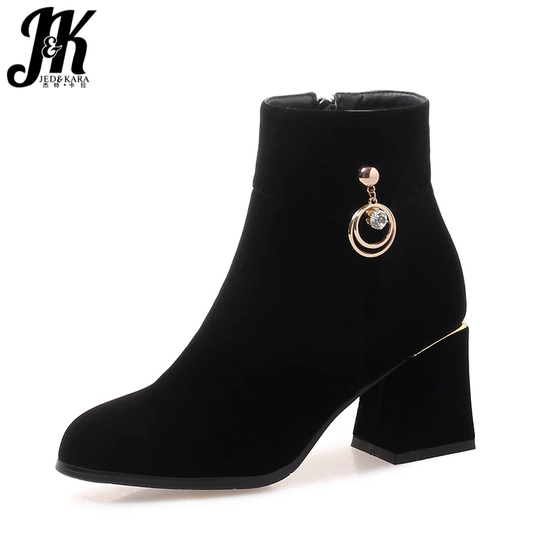 

JK Shoes Women 2018 New Thick High Heels Ankle Women Boots Round Toe Footwear Zip Female Bootie Casual Crystal Shoes