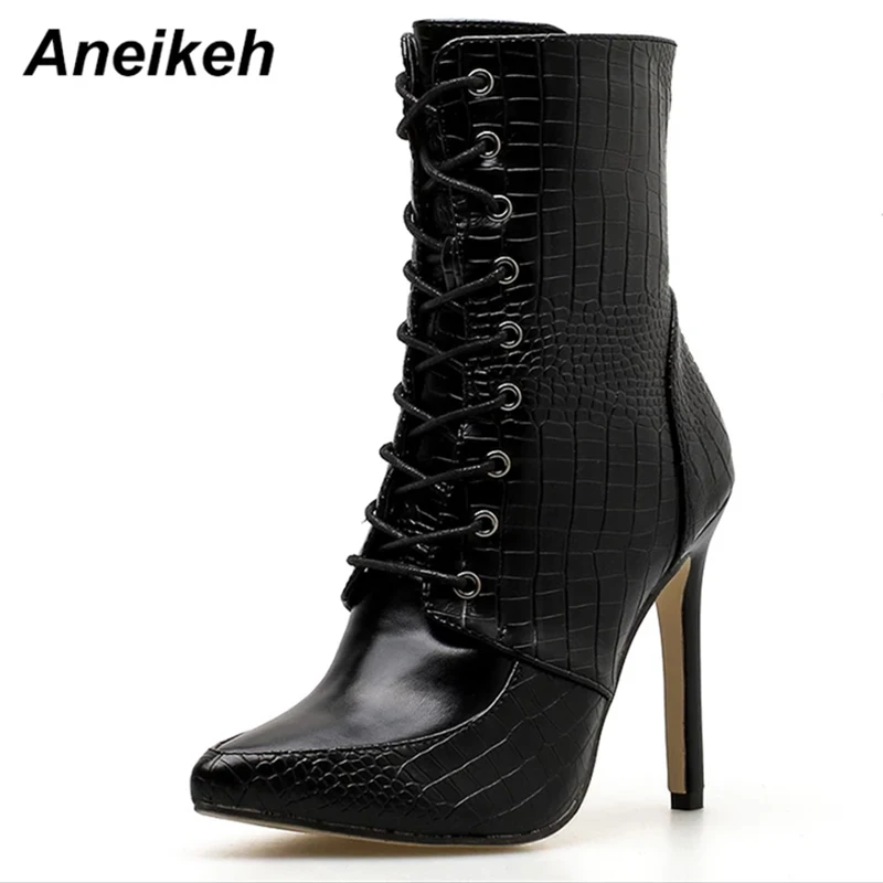

Aneikeh Big Shoe Size 41 42 Chelsea Boots Women PU Leather Pattern Pointed Toe Lace Up Thin High Heels Shoes Sexy Ankle Boots