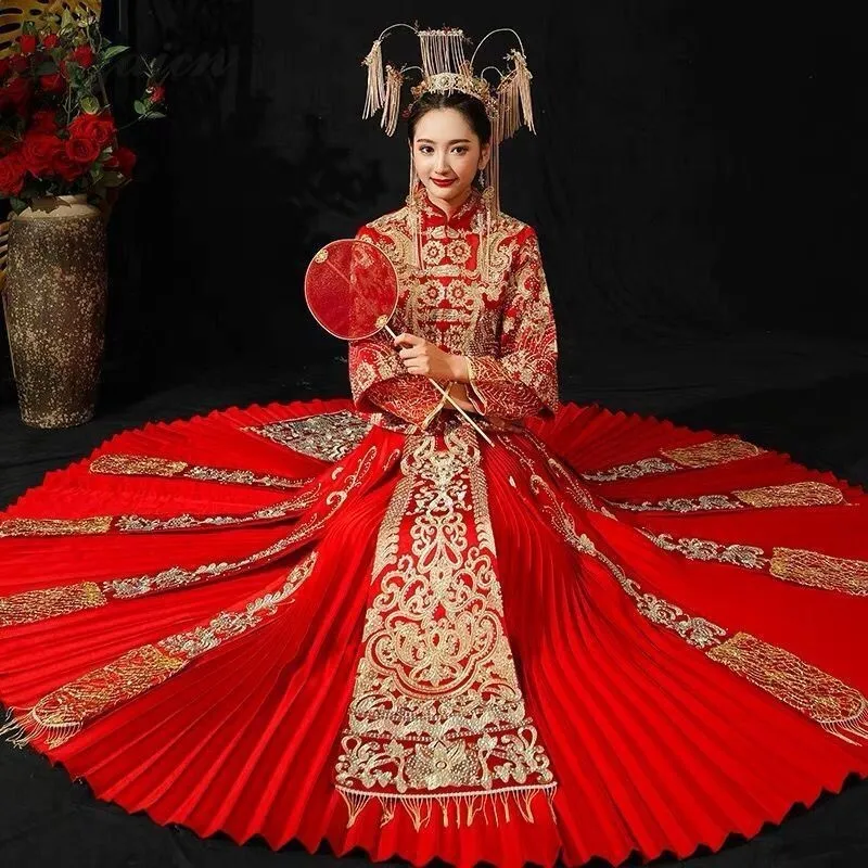 Новая красная плиссированная юбка Chinoise невесты длинное Cheongsam Современное женское традиционное китайское свадебное платье Ципао Восточное