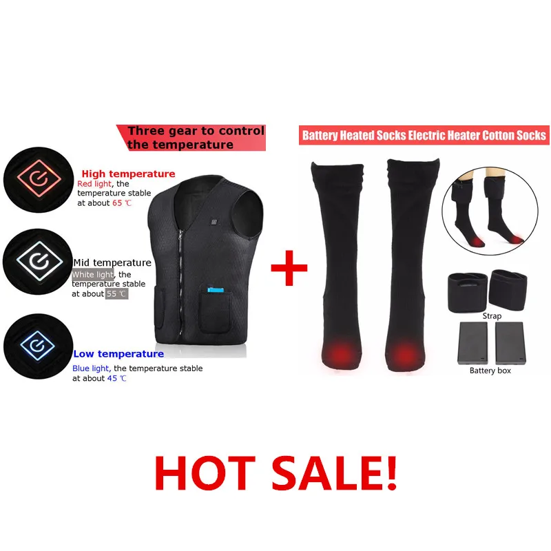 

HOT! Unisex Motorcycle Electric Heated Warm Vest In USB Warm Anywhere, Anytime +Thermal Cotton Heated Socks Battery