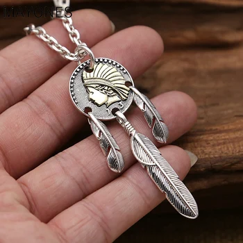 

Real 925 Sterling Silver Pendant Vintage Golden Indian Chief Feather Necklace Men Punk Necklaces Pendants Jewelry