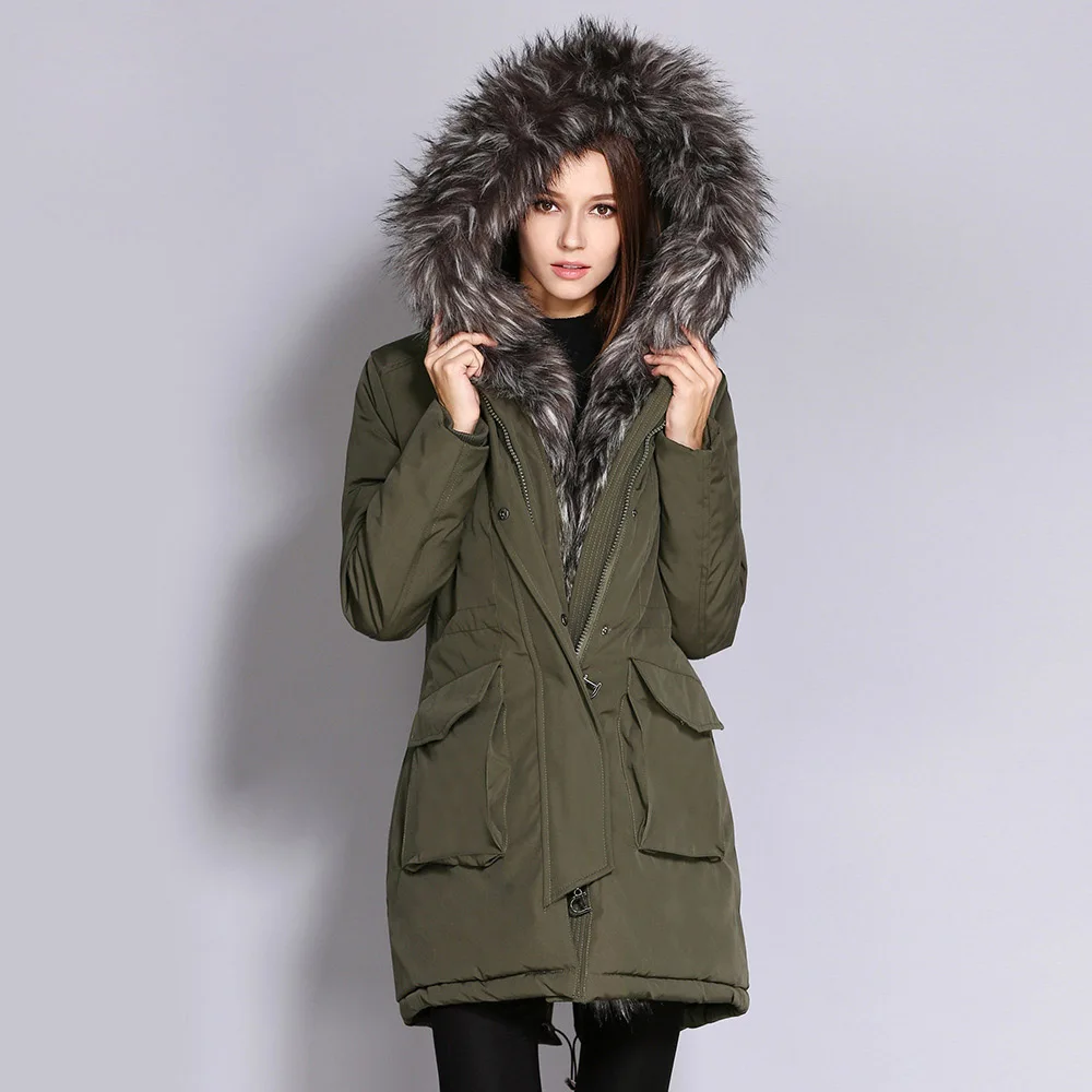 Большой меховой воротник с капюшоном зимнее пальто для женщин 3XL плюс размер вниз хлопок утепленная верхняя одежда куртка армейский зеленый длинные куртки парки - Цвет: army green jacket