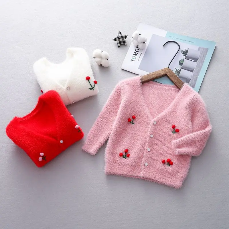 

2019 Autumn Baby Girls Long Sleeve V Neck Cherry Knitwear Sweaters Infant Girls Cardigans Kids Outerwear Coats
