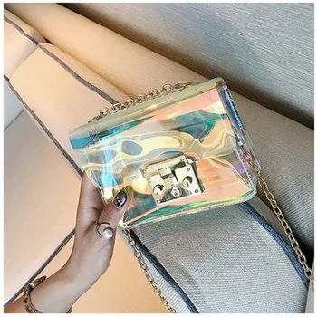 

by dhl or ems 100pcs Women Transparent Bag Clear PVC Jelly Small Tote Messenger Bags Laser Holographic Shoulder Bags
