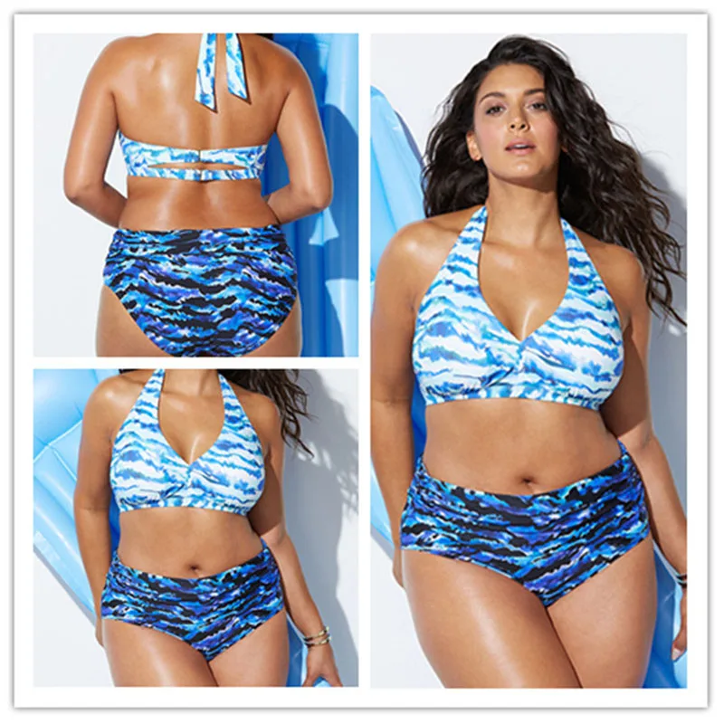 

Plus Size High Waist Bikini Print Halter Swimsuit Push Up Large Size Swimming Suit For Women Sexy Blue Swimwear Bathing Suit G56