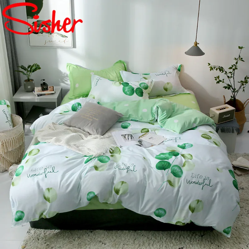

Sisher Pastoral Style Bedding Set Green Leaf Print Comforter Duvet Cover With Pillow Cases Single Double Queen King