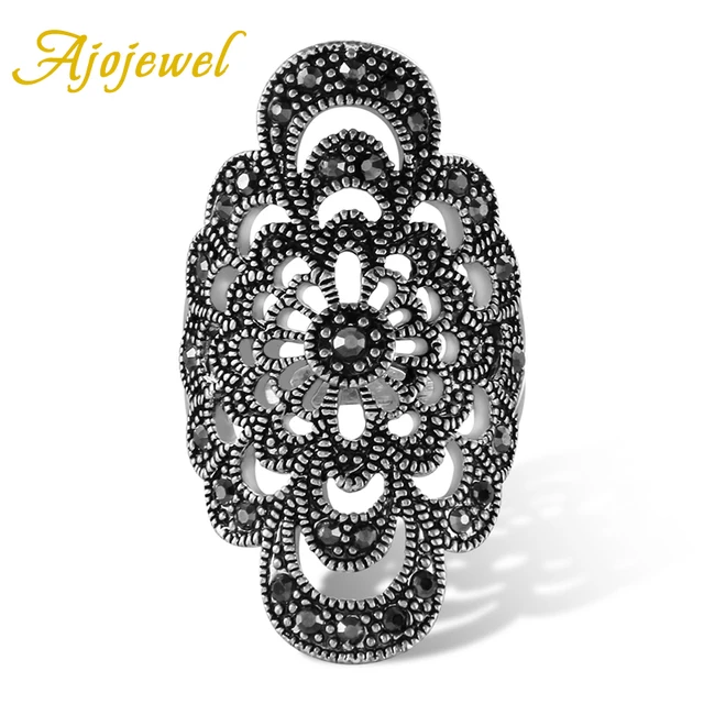 Ajojewel #7-9 Antique Jewelry Hollow Flower Female Ring Black Rhinestone New Fas Ajojewel #7-9 Antique Jewelry Hollow Flower Female Ring Black Rhinestone New Fas