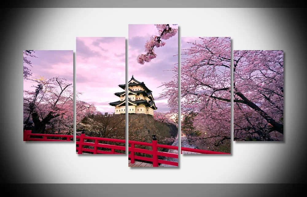 

8171 Japan cherry blossoms temples japanese bridge spring nature landscape poster Framed Gallery wrap art print home wall decor