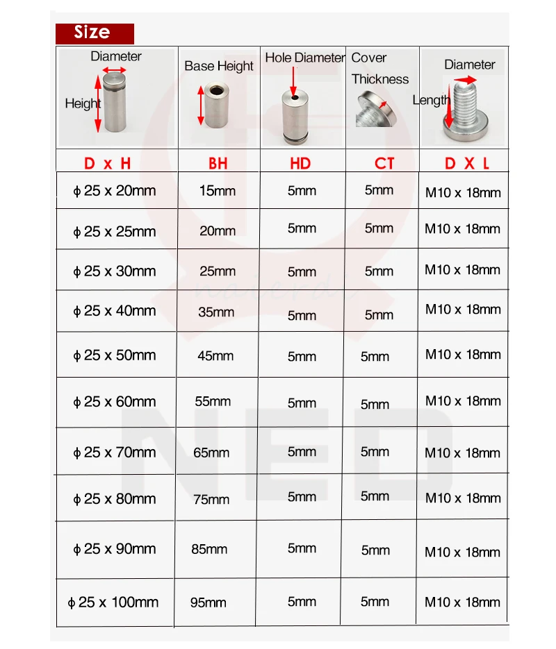 NAIERDI Diameter 25mm Stainless Steel Acrylic Advertisement Fixing Screws Glass Fasteners Standoff Nail Billboard Fixing Screws