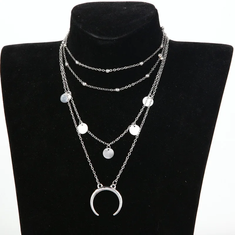 

Punk 2018 Fashion New Necklace Disc Moon Pendant Multi-layer Ball Necklace Lady Wholesale Clavicle Long Necklace